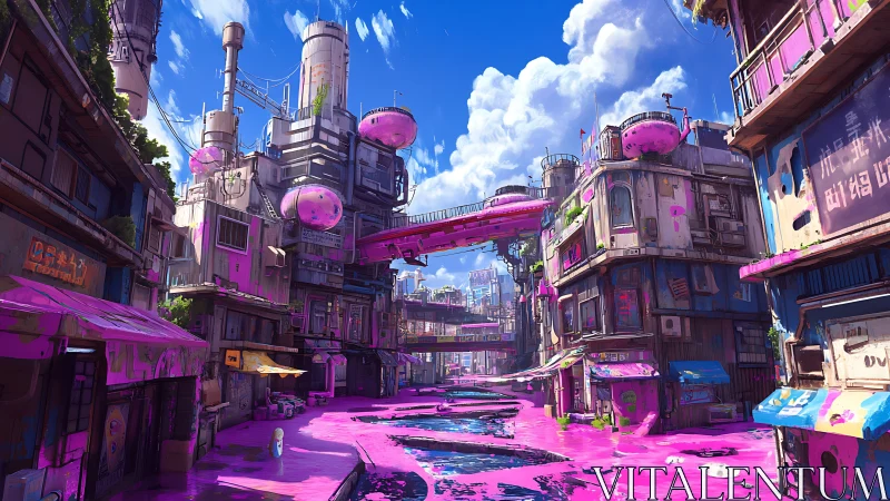 Neon cyberpunk alley flooded with luminous pink river.