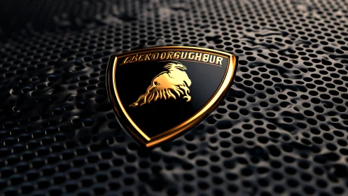 Photorealistic metallic crest on perforated dark surface.