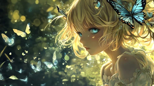 Golden-haired anime girl amid glowing butterflies at dusk.