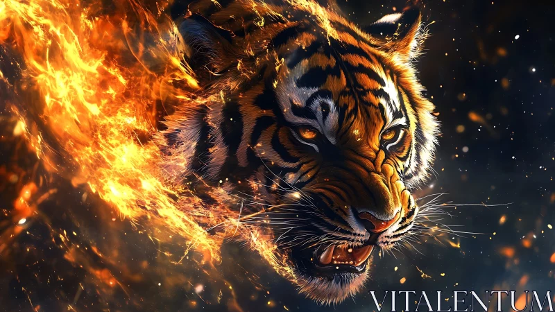 Flaming tiger head roars through darkness in blazing motion