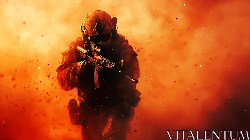 Tactical soldier charges through blazing combat smoke.