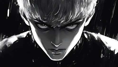 Monochrome close-up portrait of intense anime figure.