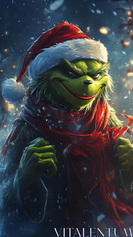 Green furry trickster in red Santa outfit amid snowfall