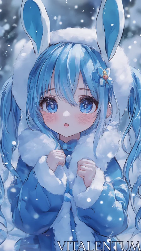 Snowy blue bunny girl cradles winter’s hush in wide eyes.