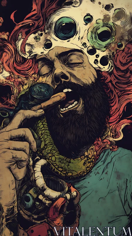 Bearded man framed by tentacles and orbs consumes object