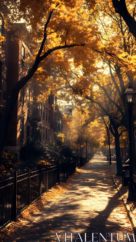 Autumn city street rendered with warm volumetric backlighting