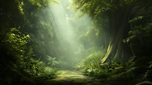 Forest corridor with overhead canopy and diffused sunlight penetration