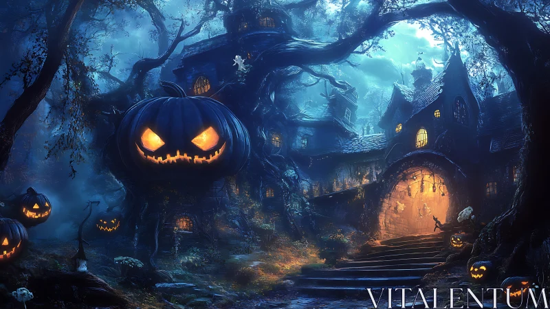 Haunted forest manor illuminated by spectral jack-o&rsquo;-lanterns at night