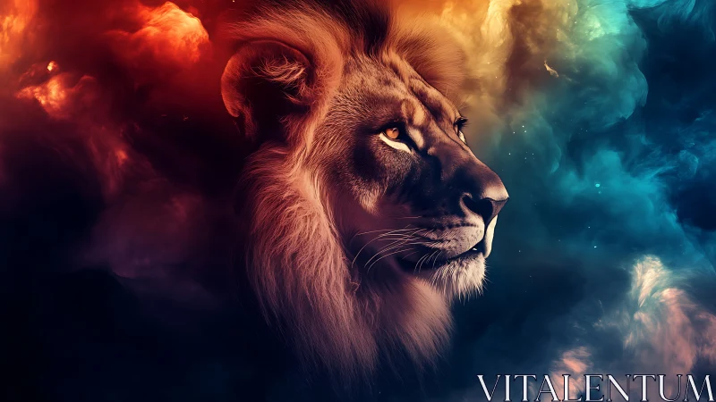 Lion head rendered in high-contrast bicolor nebula lighting field