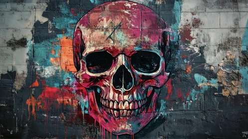 Neon skull mural with distressed concrete graffiti background.