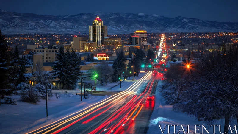 Winter city skyline with light trails at blue hour.