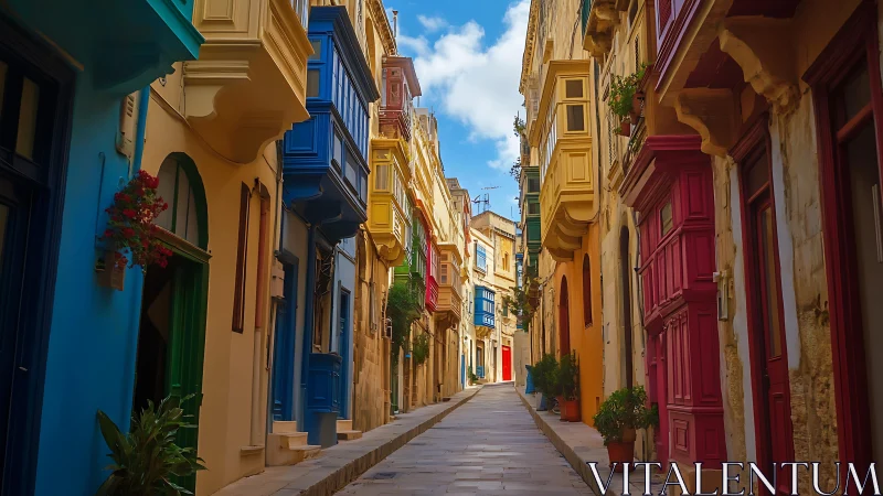 Colorful narrow Mediterranean street with vivid facades.