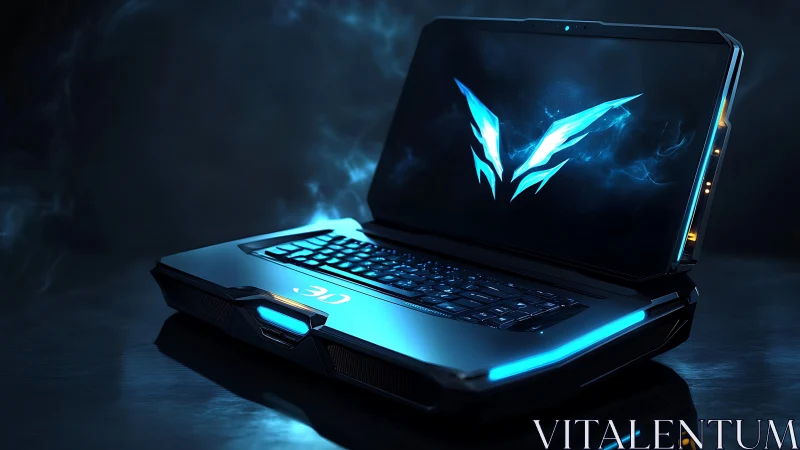 Neon warship laptop hums with electric blue gaming fire.