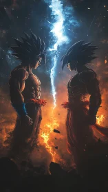 Two Saiyan warriors confront each other amid fiery energy storm