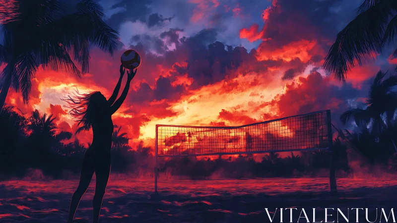 Sunset beach volleyball silhouette under blazing clouds.
