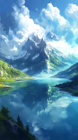 Alpine peaks rise above crystal lake in vivid light.