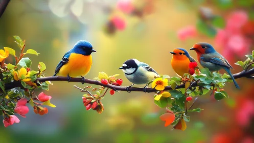 Colorful Songbirds on Blossoming Branch in Vibrant Spring Art.
