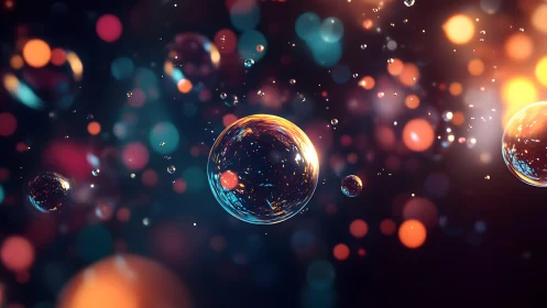 Floating Soap Bubbles with Colorful Bokeh Lights, Digital Art.
