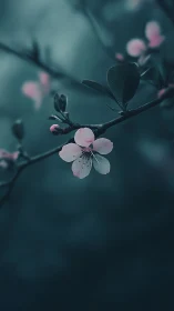 Pink blossoms blooming on dark branches with green tones