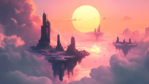 Floating high-rise islands under large pale sun at dusk.