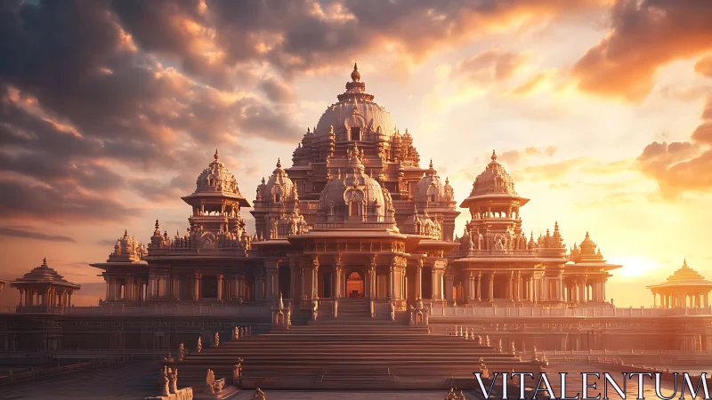 Symmetrical stone temple complex under sunset sky.