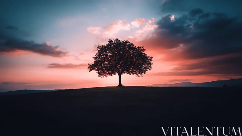 Lone Tree Silhouette at Sunset with Dramatic Colorful Sky.