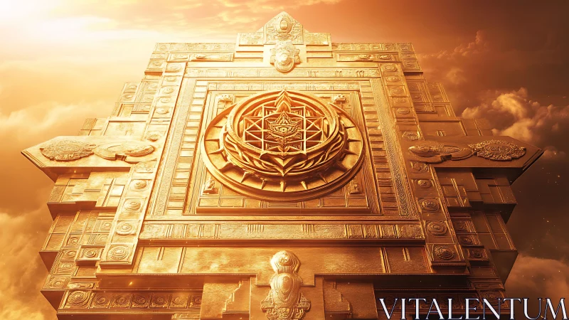 Majestic golden mandala gate floats in radiant sunset sky