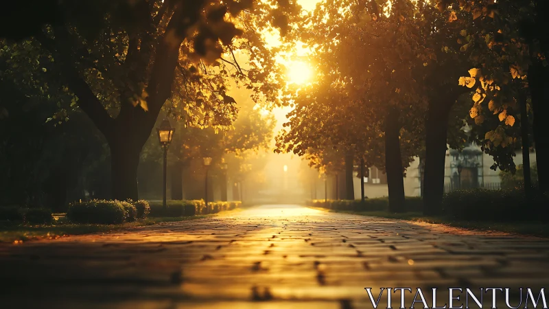 Sunlit park pathway shows low-angle view of trees and paving
