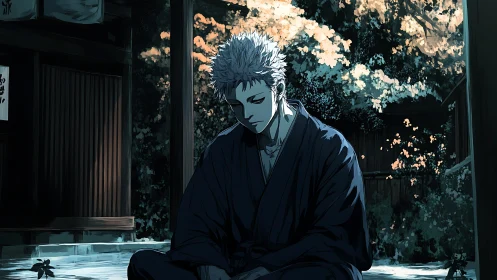 Moonlit courtyard hush cradles the brooding swordsman