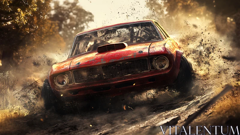Rally muscle car powersliding through dirt spray at golden hour