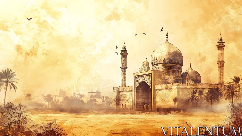 Desert mosque structure stands within atmospheric landscape