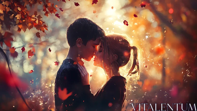 Two figures share an intimate moment amid falling autumn leaves.