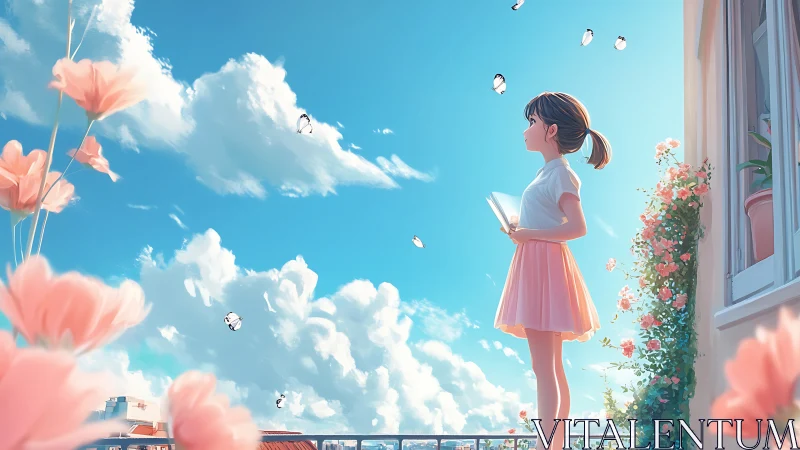 Daydreaming girl with book under soft blue summer sky.
