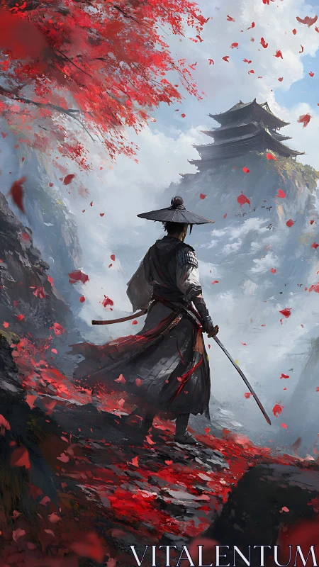 Lone samurai surveys distant mountain temple amid scarlet leaves