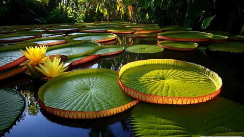 Giant lily pads quietly rehearse a glowing pond ballet
