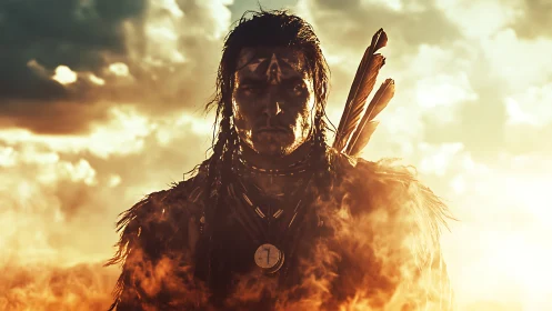 Backlit warrior silhouette in ember-laced atmospheric haze.