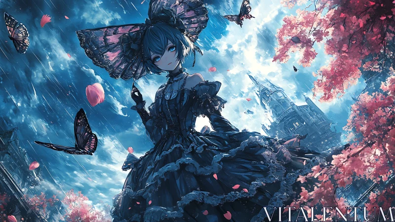 Gothic girl in stormlit garden watches drifting butterflies