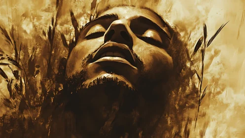 Sepia-toned digital portrait of face emerging from grasses.