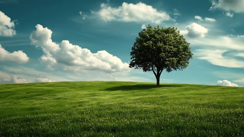 Lone Tree on Green Hill under Blue Sky, Realistic Landscape Style.