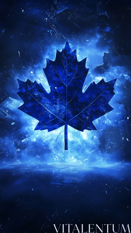 Glowing blue maple leaf shining in a dreamy cosmic night.