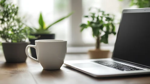 Calm workspace with coffee, laptop, and sunlit green plants.