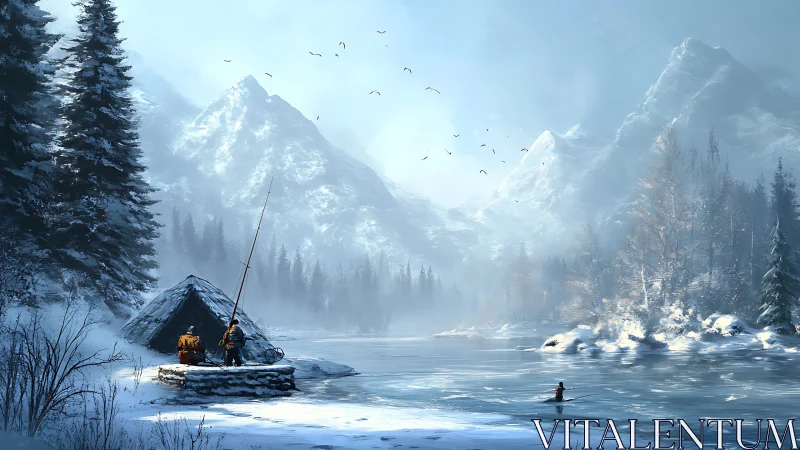 Winter mountain lake with anglers and forest campsite scene.