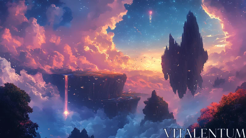 Floating rock formations rise among dense clouds at dusk