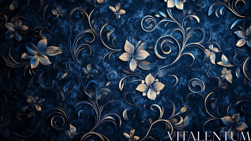 Ornate gold floral scrollwork shimmers on deep blue velvet