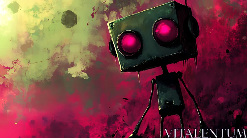 Wide-eyed neon robot wanders through splattered twilight dreams.