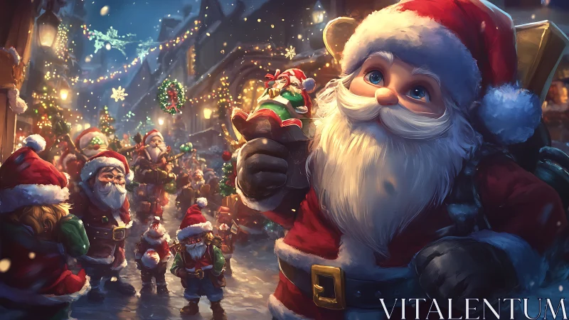 Crowded festive street scene renders stylized Santa parade