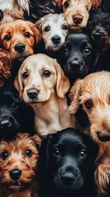 Clustered close-up view shows multiple young dogs’ faces