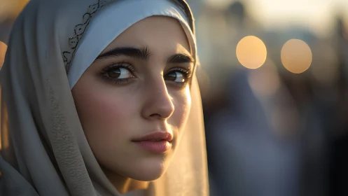 Portrait of a Young Woman in Hijab, Soft Golden Hour Lighting.