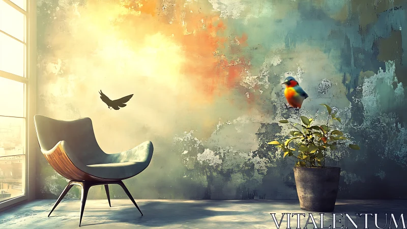 Sunlit modern chair and vivid birds in textured loft room.