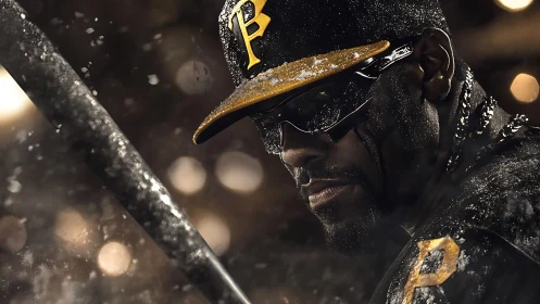 Low-key portrait of baseball player with snow and motion blur